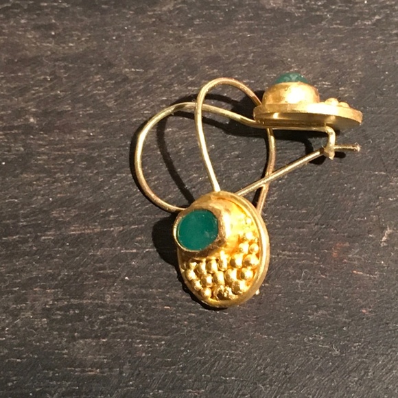 22K Gold Granulated Emerald Cabochon Drop EarrIngs - Picture 2 of 8